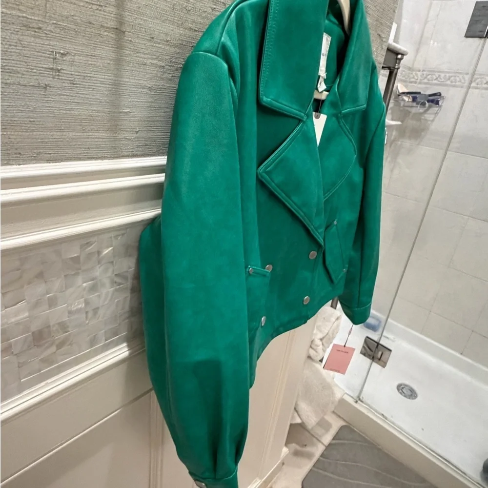 NWT new medium Anthropologie avec les fillies faux leather peacoat jacket green